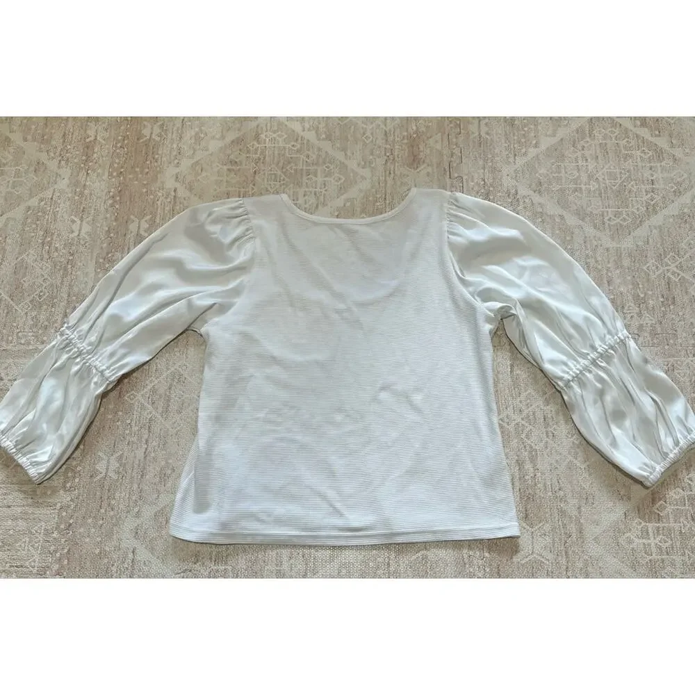 Maeve Anthropologie Top Women XL White Satin Sleeve Blouse Romantic Ribbed